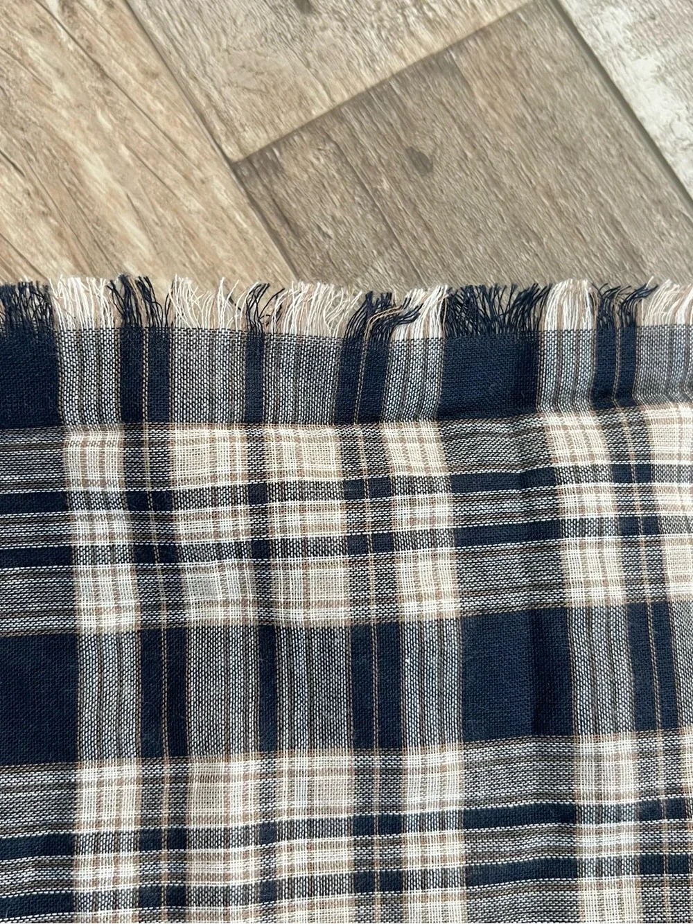 Navy Blue and Cream Plaid Blanket Scarf with Fringe Edge